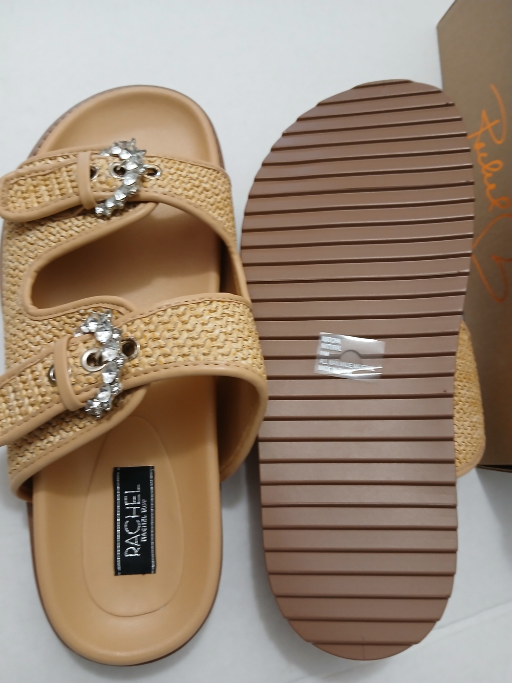 Rachel Roy  Tan Woven Slide Sandals with Crystal Buckles Multiples Sizes New $25 - Picture 6 of 10